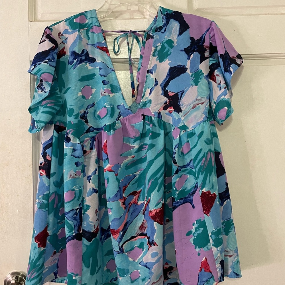 Entro Abstract Floral V-Neck Blouse - Purple and Teal